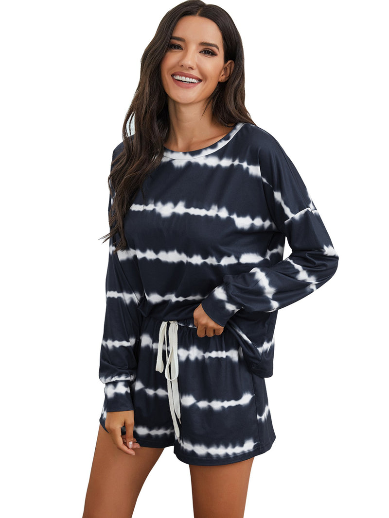 Womens Tie Dye Striped Long Sleeve 2 Piece Short Pajamas Set