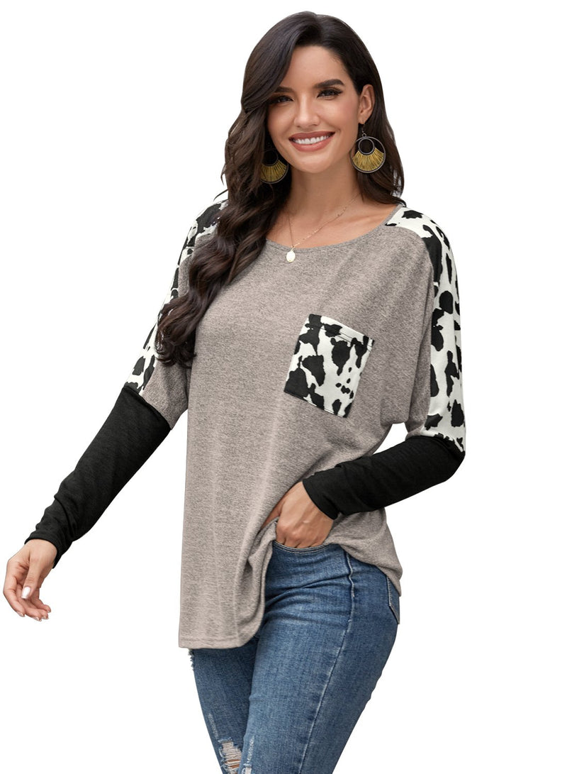Women's Leopard Print Color Block Round Neck Long Sleeve Shirts