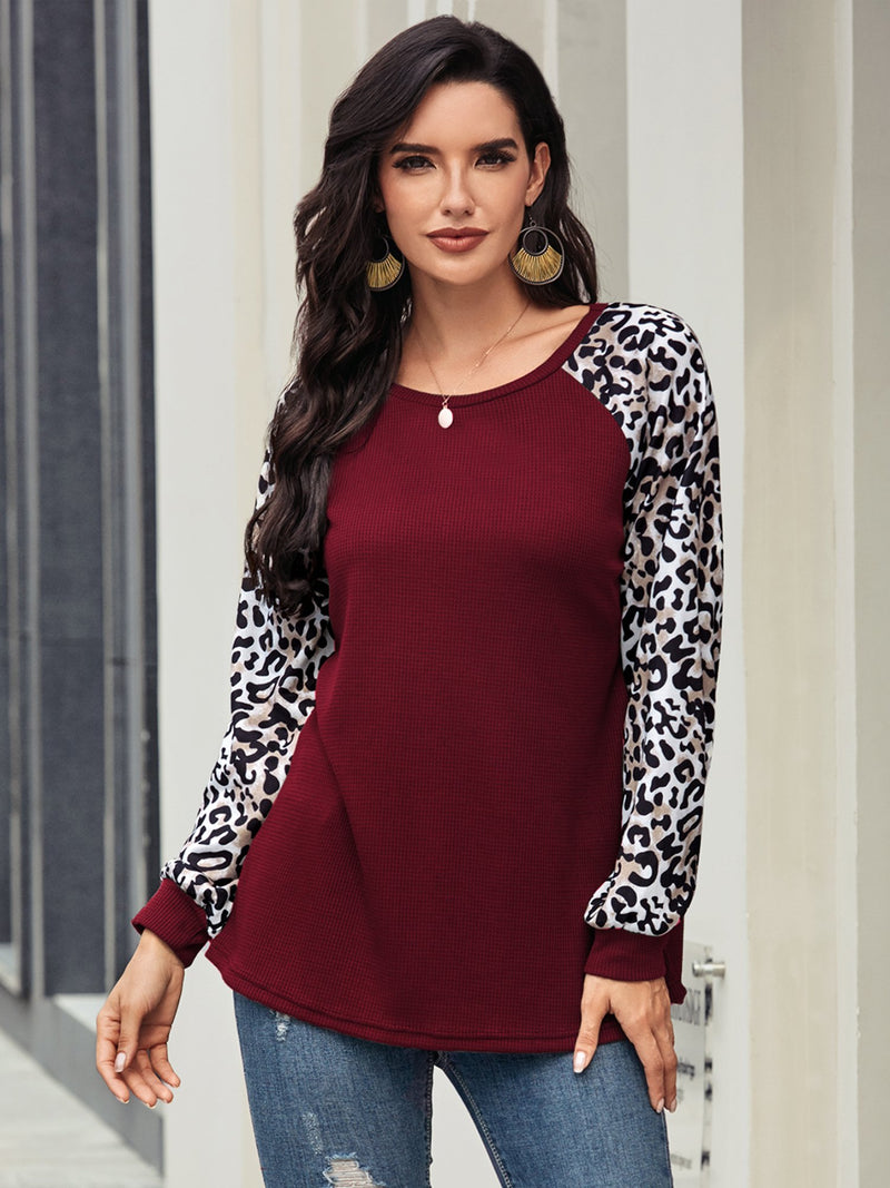 Women's Leopard Printed Long Sleeve Color Block T Shirts Tops
