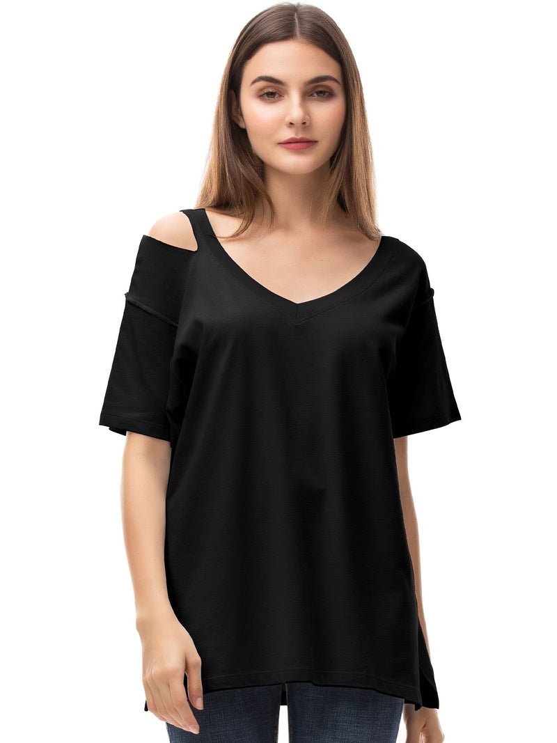 Women‘s V Neck T Shirts Loose Fitting Short Sleeve Cotton Cold Shoulder Casual Tops