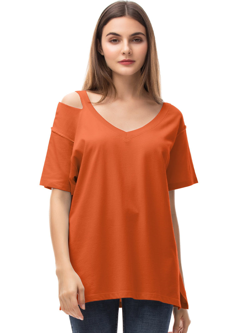 Women‘s V Neck T Shirts Loose Fitting Short Sleeve Cotton Cold Shoulder Casual Tops