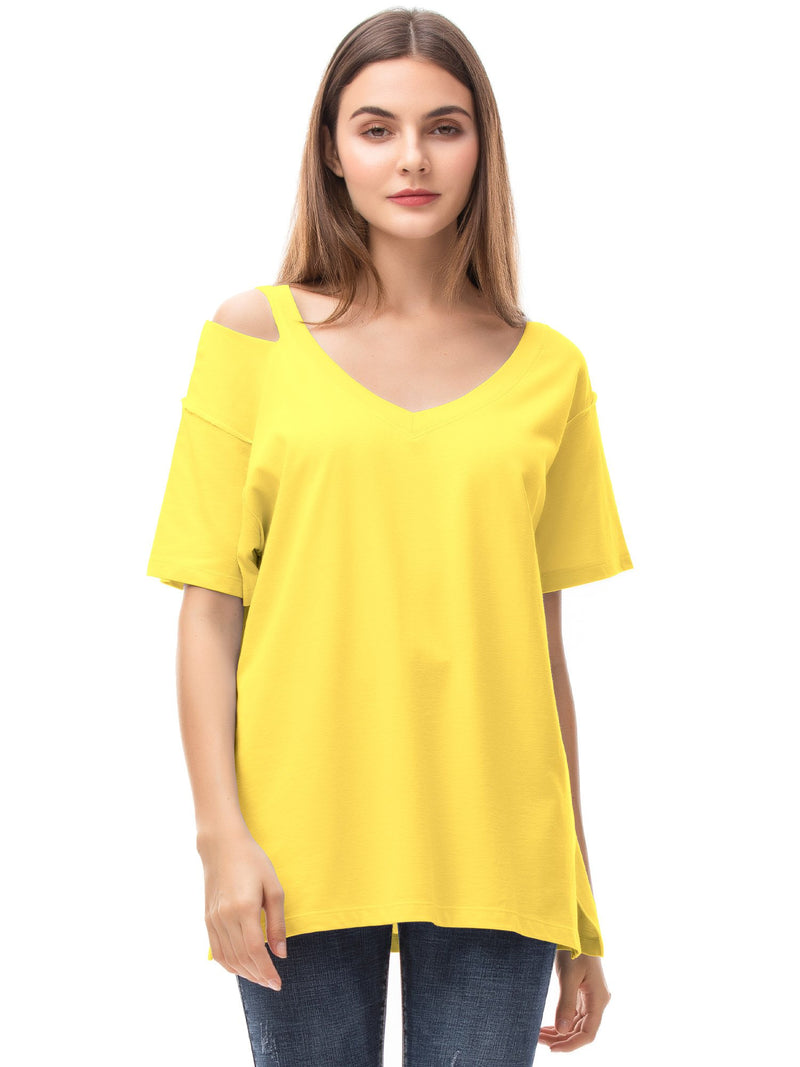 Women‘s V Neck T Shirts Loose Fitting Short Sleeve Cotton Cold Shoulder Casual Tops