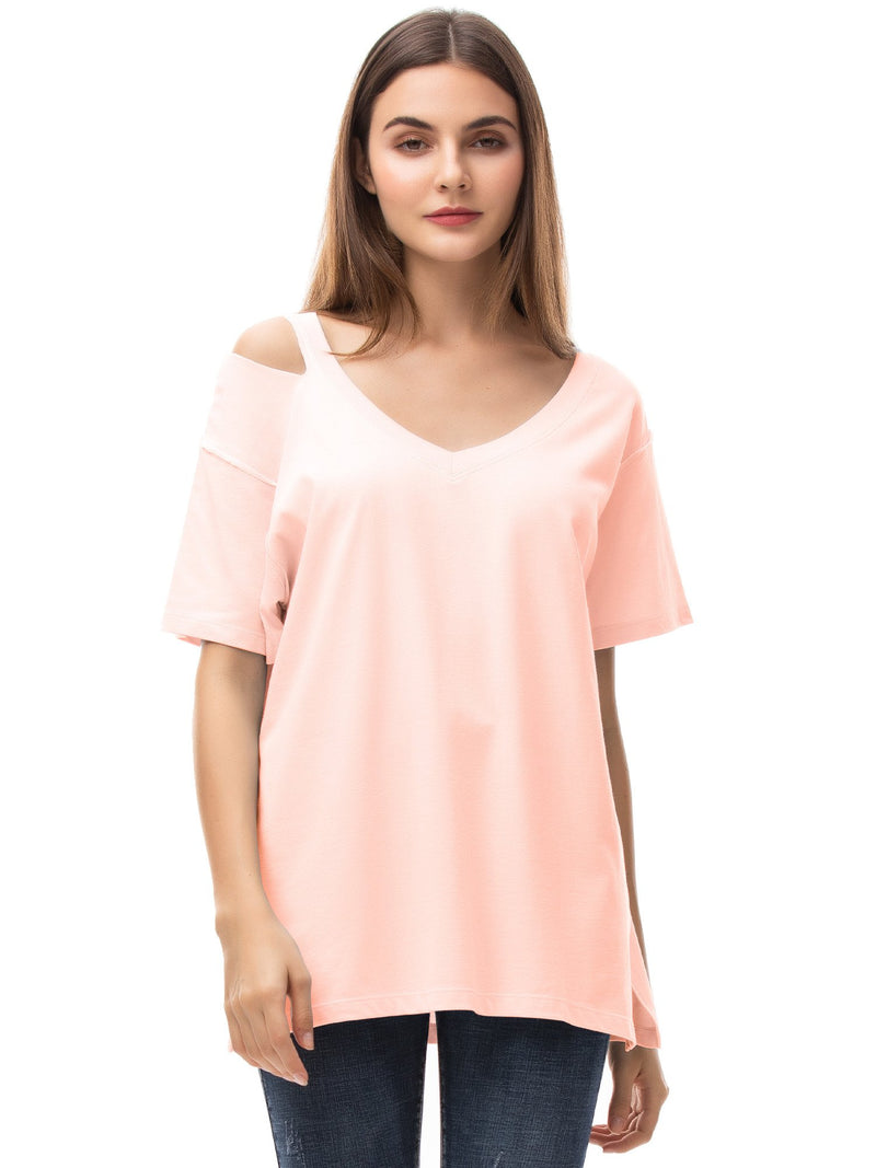 Women‘s V Neck T Shirts Loose Fitting Short Sleeve Cotton Cold Shoulder Casual Tops