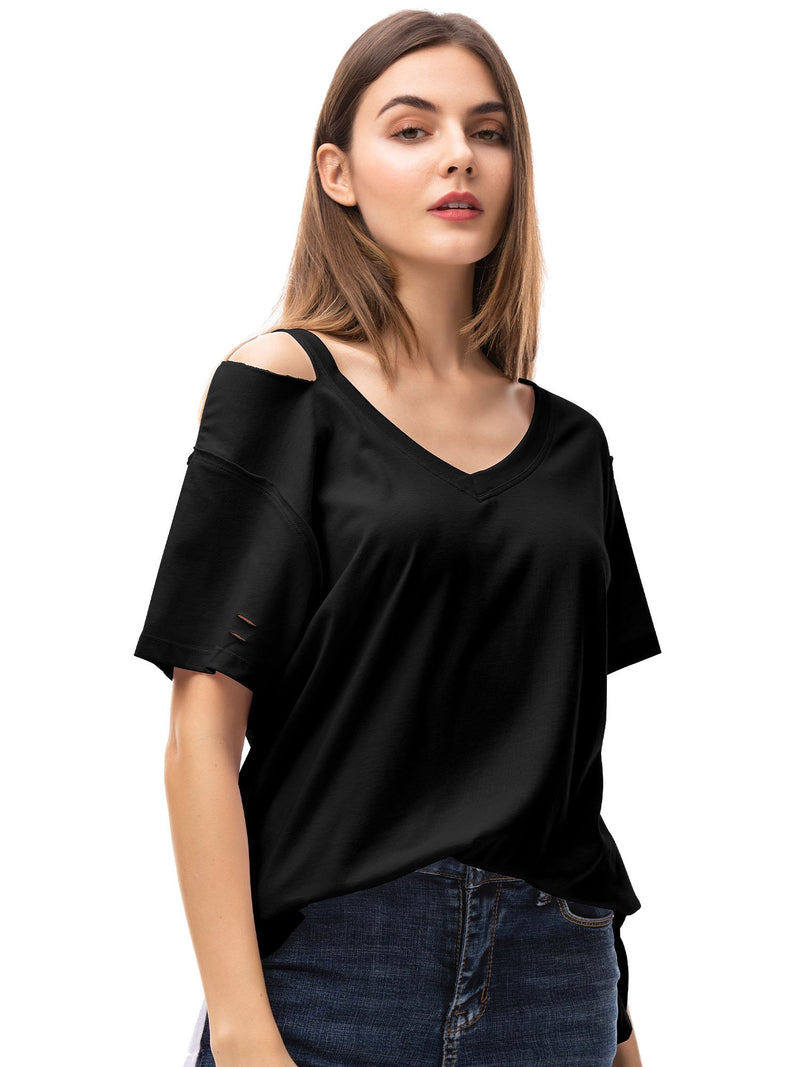 Women‘s V Neck T Shirts Loose Fitting Short Sleeve Cotton Cold Shoulder Casual Tops