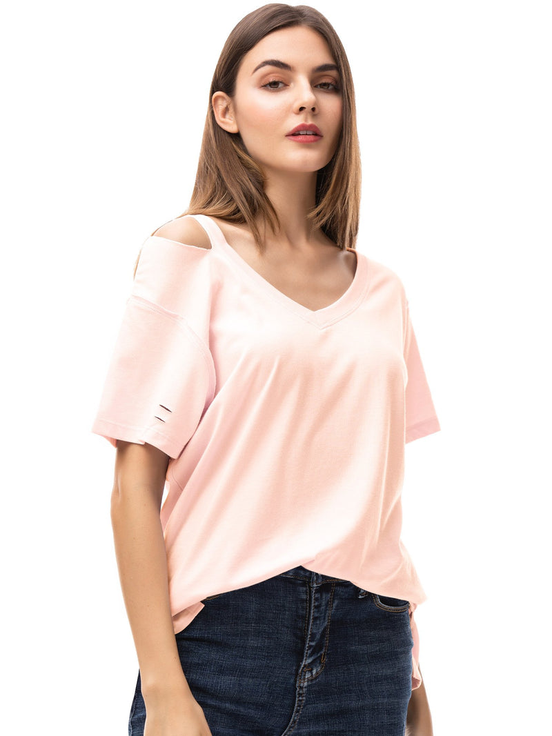 Women‘s V Neck T Shirts Loose Fitting Short Sleeve Cotton Cold Shoulder Casual Tops