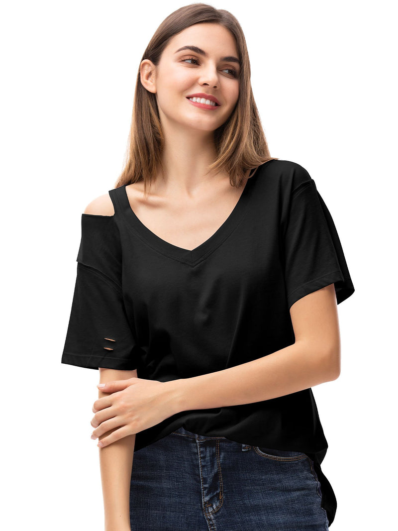 Women‘s V Neck T Shirts Loose Fitting Short Sleeve Cotton Cold Shoulder Casual Tops