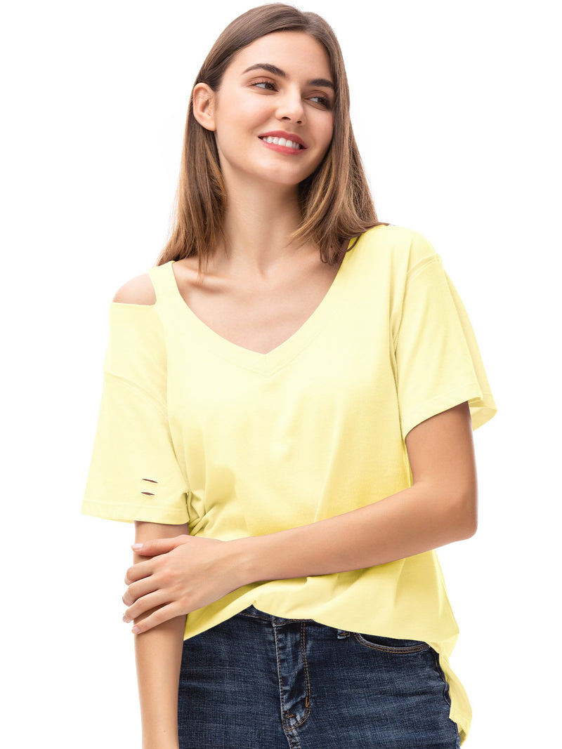 Women‘s V Neck T Shirts Loose Fitting Short Sleeve Cotton Cold Shoulder Casual Tops