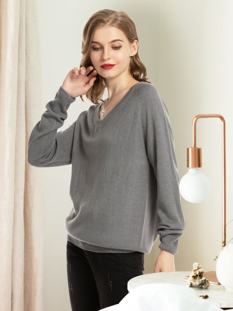 Women's V Neck Sweaters Pullover Fall Lightweight Casual Long Sleeve Solid Tops