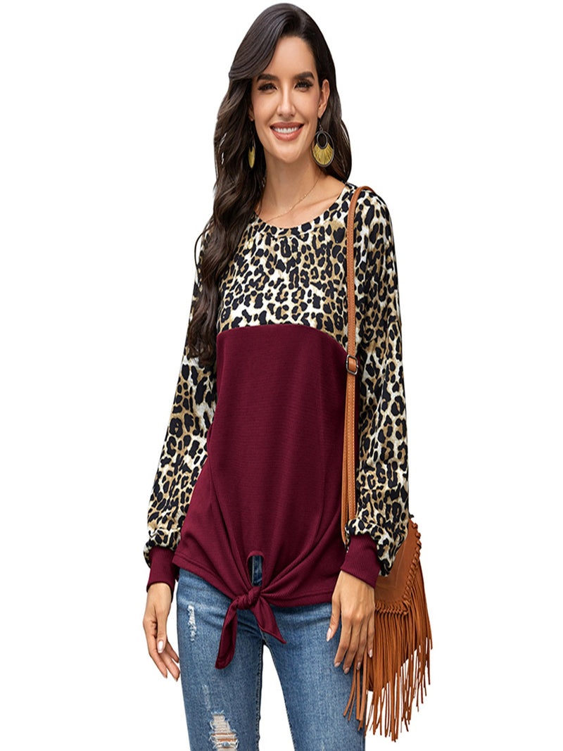 Women's Leopard Print Color Block Tie Knot T-Shirt
