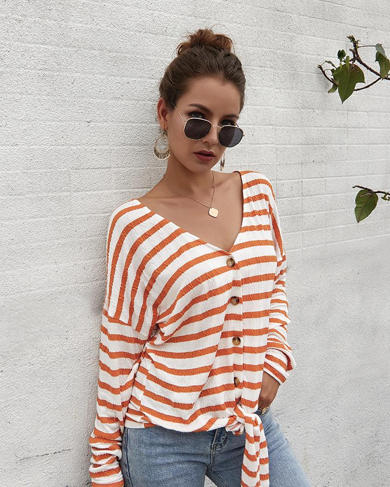 Women's Striped Tie Knot Button Down Shirts Casual Blouse