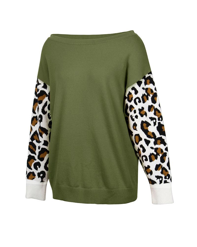 Long SleeveLeopard Print Color Block Loose Pullover Sweater