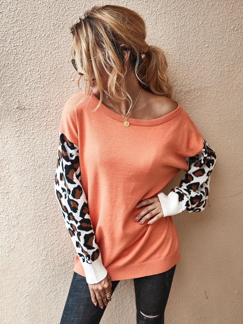 Long SleeveLeopard Print Color Block Loose Pullover Sweater