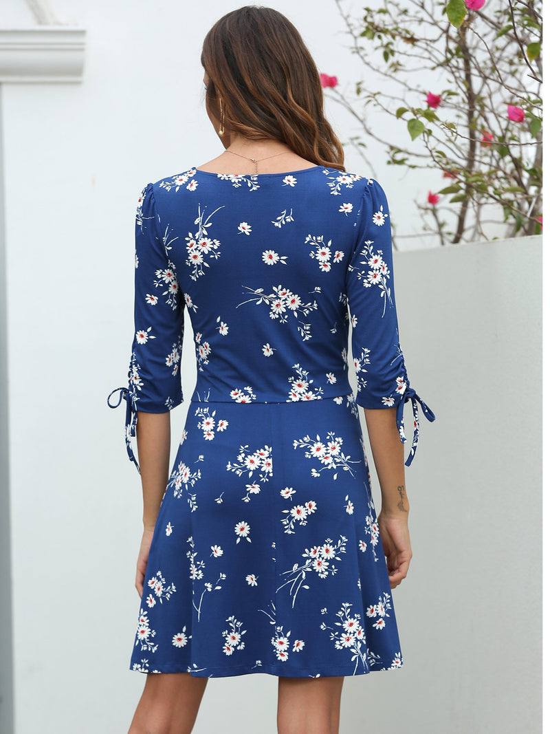 BEEYASO Clearance Summer Dresses for Women Floral Scoop Neck A-Line Knee  Length Holiday 3/4 Sleeve Dress Dark Blue m 