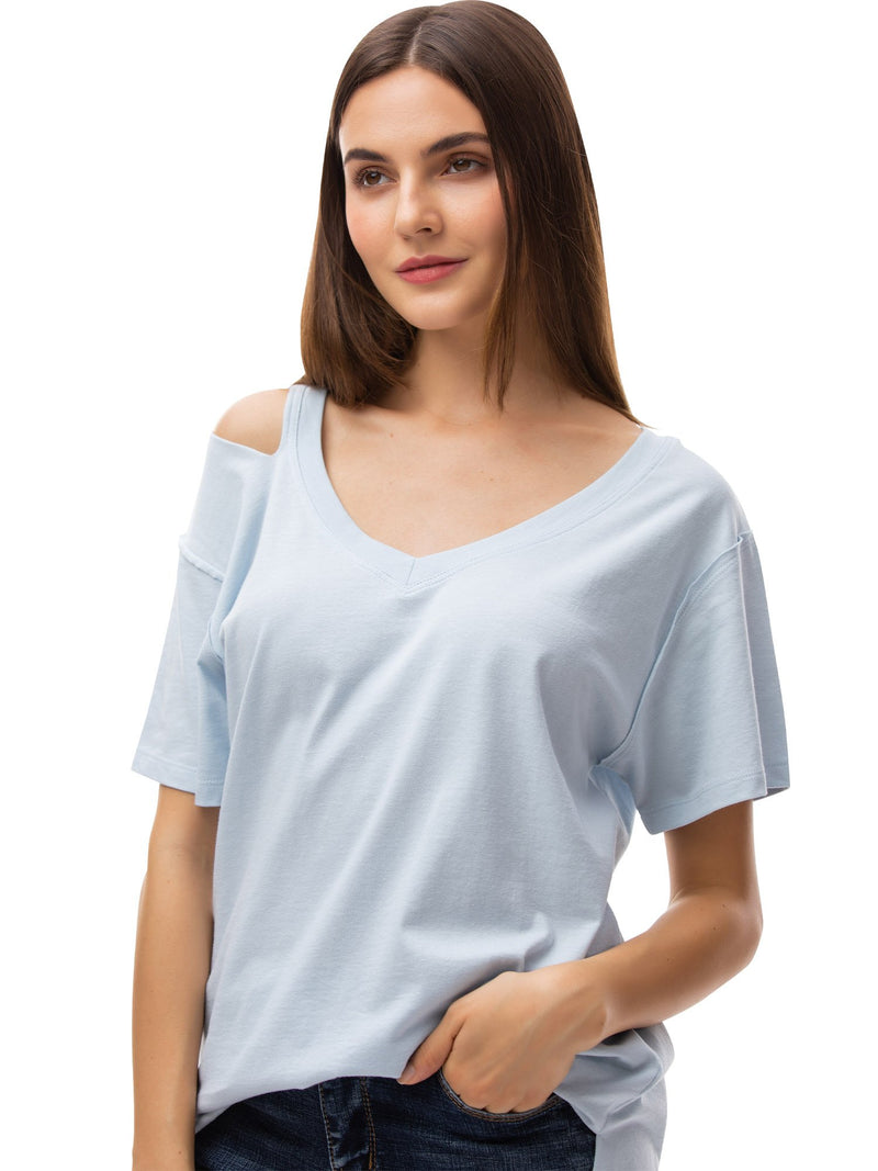 Women‘s V Neck T Shirts Loose Fitting Short Sleeve Cotton Cold Shoulder Casual Tops