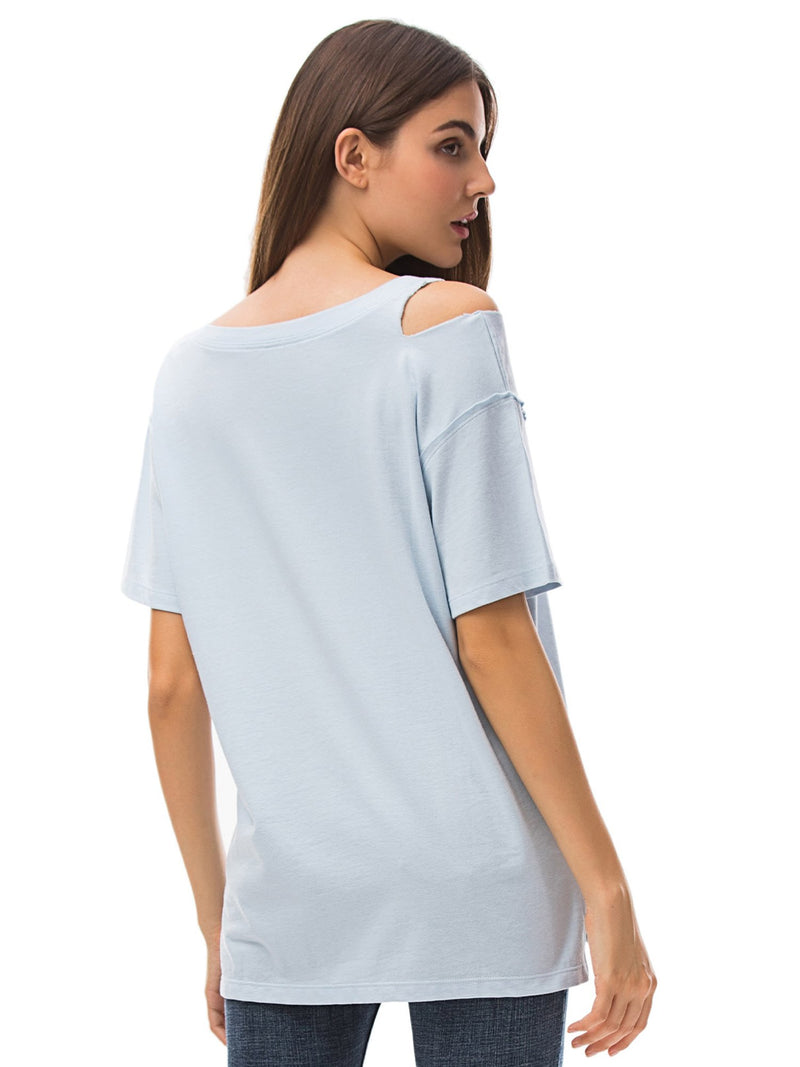 Women‘s V Neck T Shirts Loose Fitting Short Sleeve Cotton Cold Shoulder Casual Tops