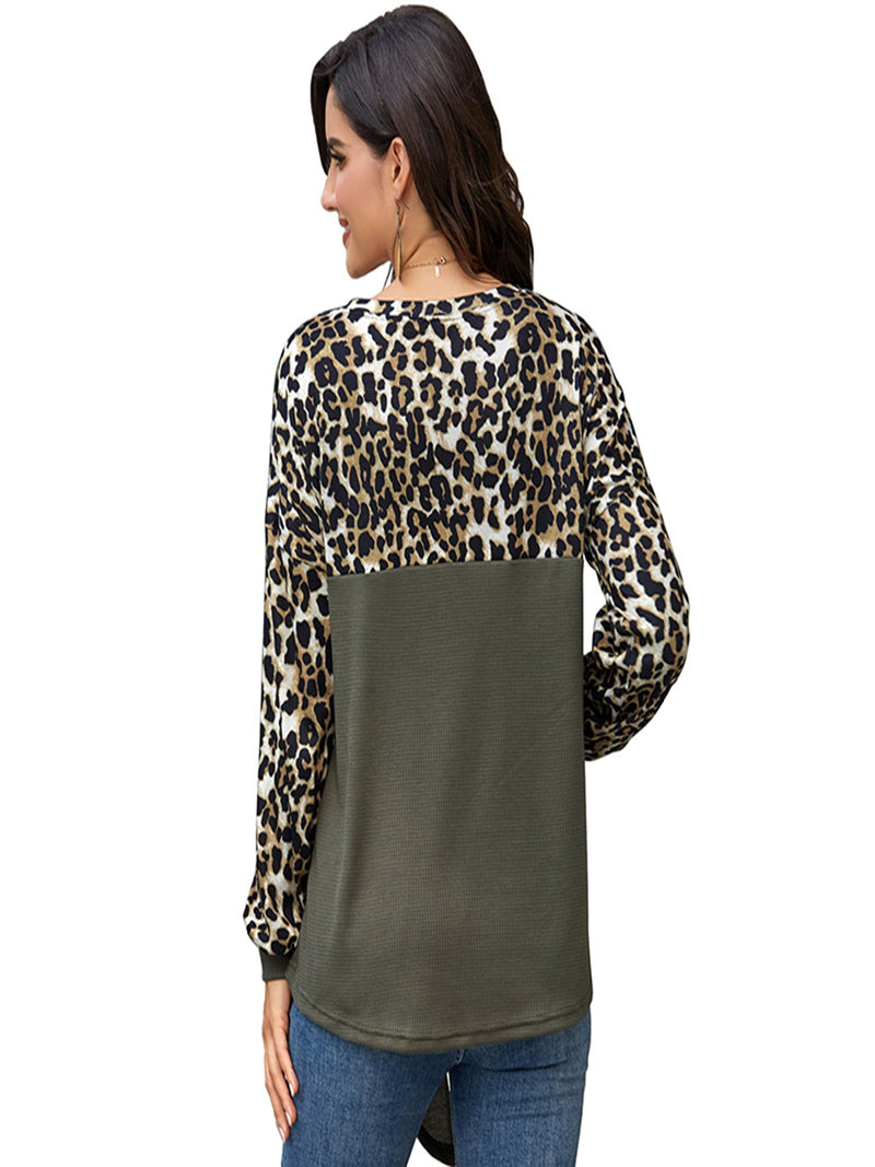 Women's Leopard Print Color Block Tie Knot T-Shirt