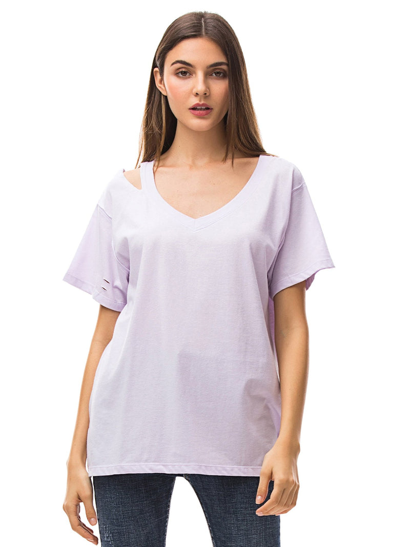 Women‘s V Neck T Shirts Loose Fitting Short Sleeve Cotton Cold Shoulder Casual Tops