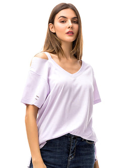 Women‘s V Neck T Shirts Loose Fitting Short Sleeve Cotton Cold Shoulder Casual Tops