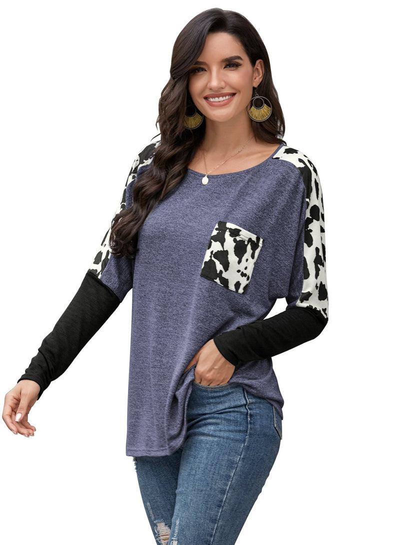 Women's Leopard Print Color Block Round Neck Long Sleeve Shirts