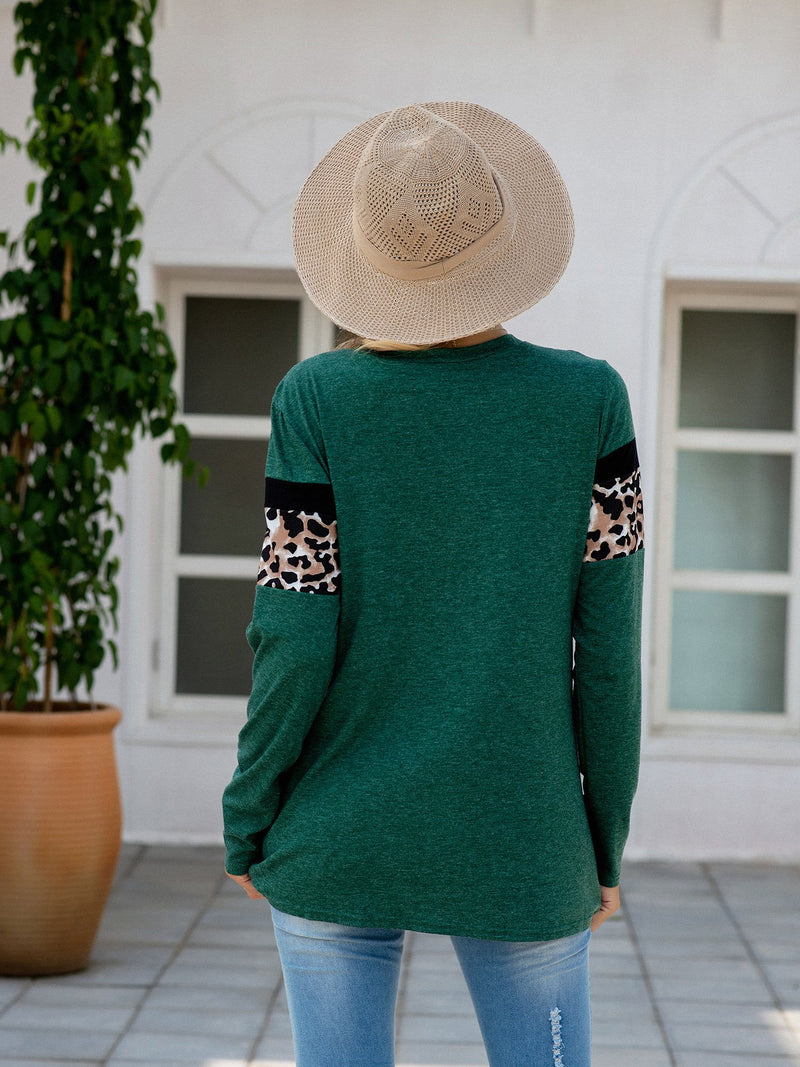 Women's Leopard Print Patchwork Long Sleeve T Shirt