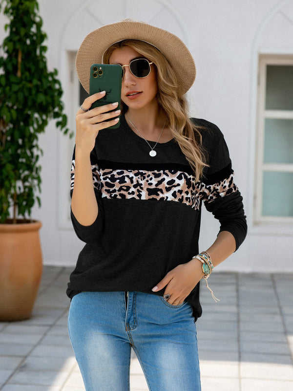 Women's Leopard Print Patchwork Long Sleeve T Shirt
