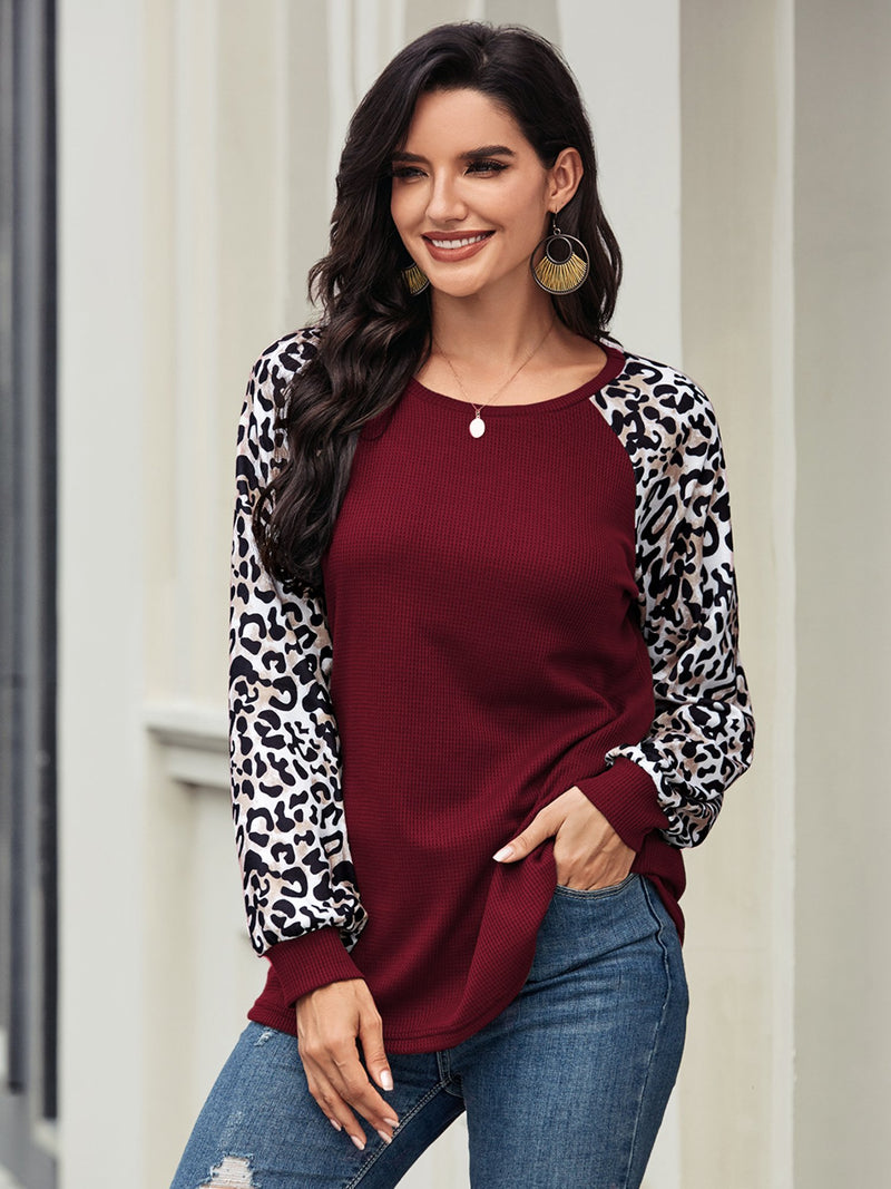 Women's Leopard Printed Long Sleeve Color Block T Shirts Tops